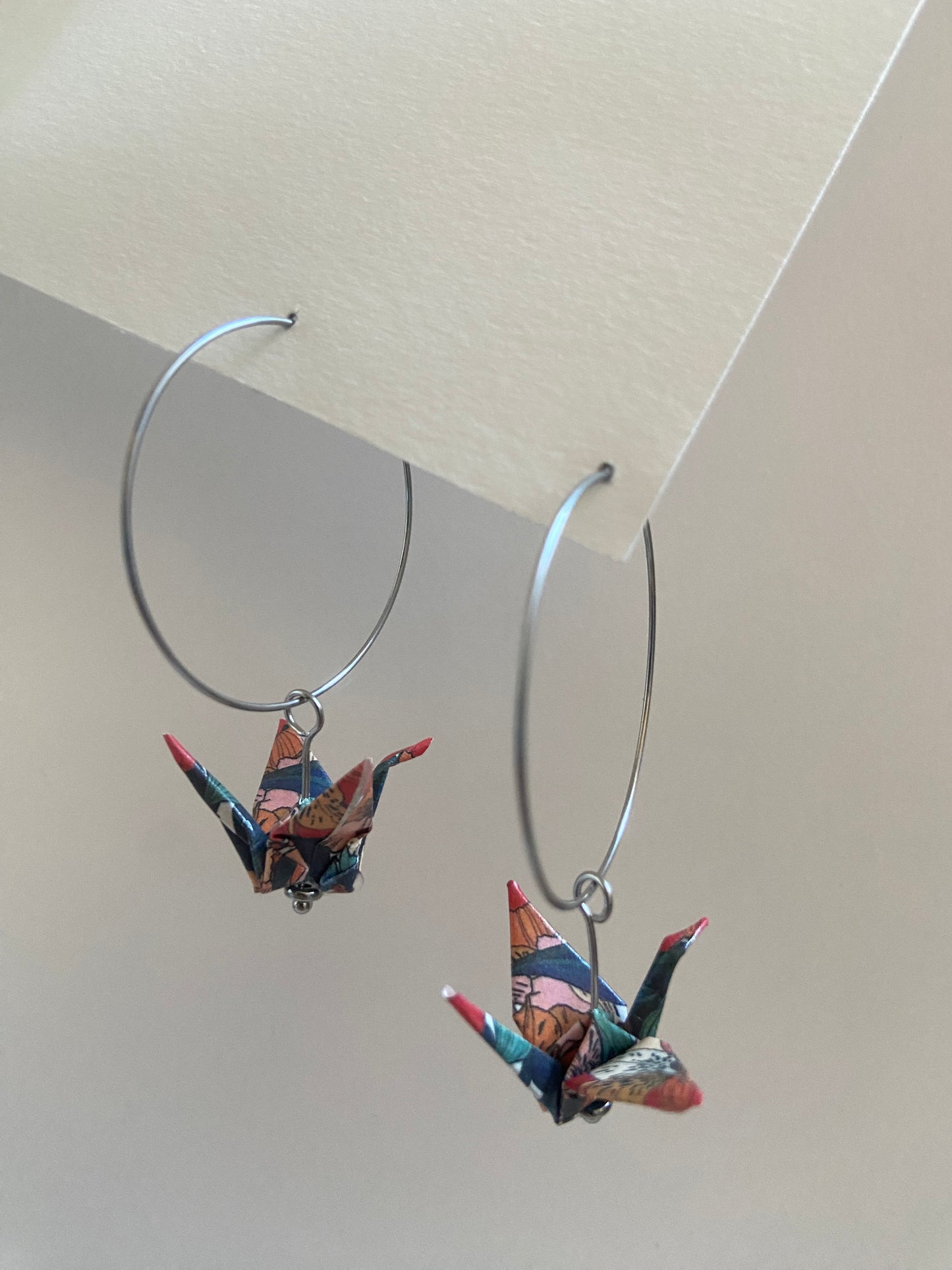 Origami crane hoop earrings