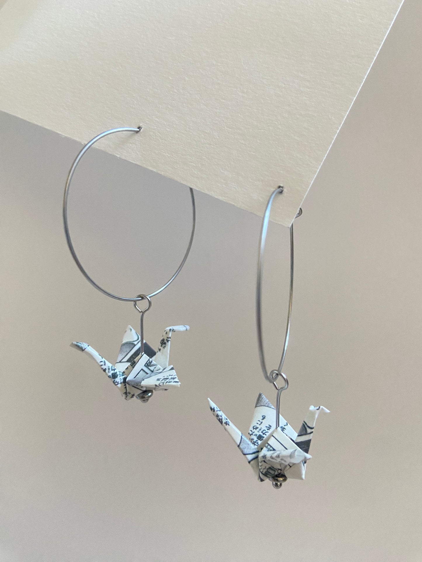 Origami crane hoop earrings